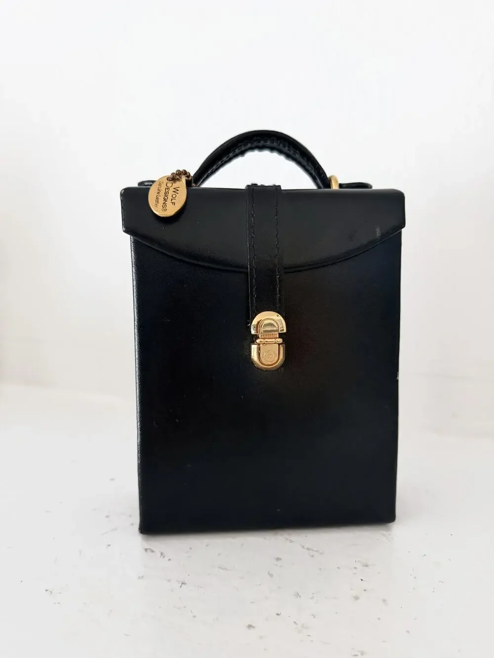 Wolf Designs Black Genuine Leather Jewelry Travel Case Kelly Style Gold Clasp